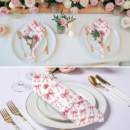 Pink Ribbon Bow Cloth Napkins Set of 6, Fantasy Sweet Bows Abstract Modern Art Washable Reusable Dinner Cocktail Napkin for Kitchen Party Wedding Banquet Holiday Baby Shower Table Decor - Image 3