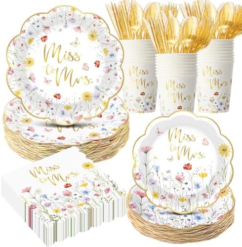 Funnymoom 400 Pcs Wildflower Bridal Shower Party Supplies for 50 Guests Floral Miss to Mrs Paper Plates and Napkins Knives Spoon Fork Cup Disposable Dinner for Women Wedding Engagement Party Favor by Funnymoom