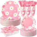 Ziliny 350 Pcs Daisy Party Supplies Tableware Set Disposable 9'' 7'' Paper Plates 9 oz Cups Cutlery Napkins Dinnerware Set for 1st Birthday, Serve 50 (Daisy Birthday, White, Pink) by Ziliny