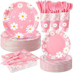 Ziliny 350 Pcs Daisy Party Supplies Tableware Set Disposable 9'' 7'' Paper Plates 9 oz Cups Cutlery Napkins Dinnerware Set for 1st Birthday, Serve 50 (Daisy Birthday, White, Pink) by Ziliny