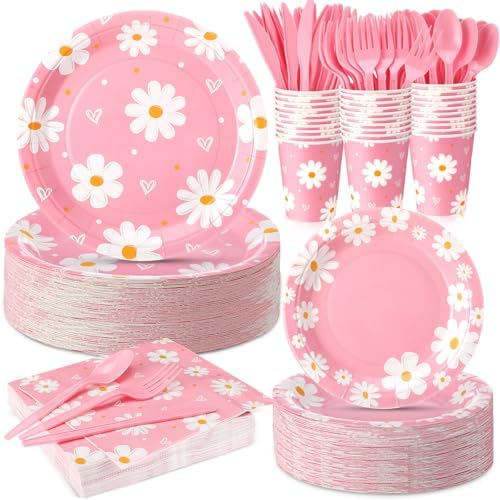Ziliny 350 Pcs Daisy Party Supplies Tableware Set Disposable 9'' 7'' Paper Plates 9 oz Cups Cutlery Napkins Dinnerware Set for 1st Birthday, Serve 50 (Daisy Birthday, White, Pink) by Ziliny