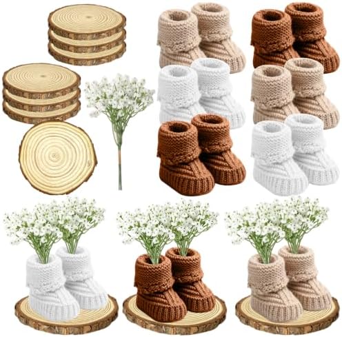 6 Set/ 36 Pcs Baby Shower Centerpieces Decor for Tables Crochet Knitted Mini Baby Booties with Artificial Breath Flowers and Wood Slices Boho Rustic Table Decor Gender Reveal Party Decor by Unknown