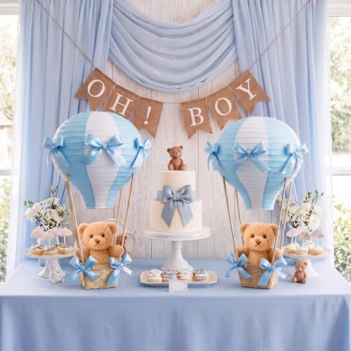 Meooeck 4 Sets Bear Hot Air Balloon Baby Shower Centerpiece, Blue - Image 5