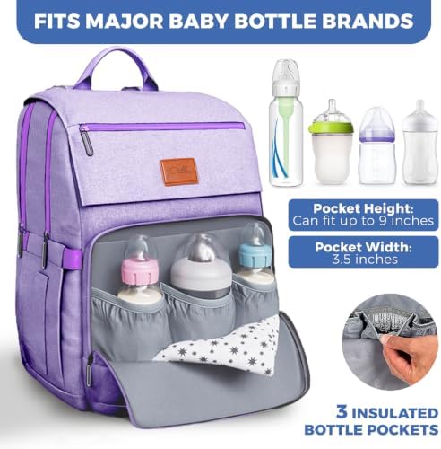 Baby Shower Gifts for Mom - Diaper Bag Backpack - 16 Organizer Pockets Baby Diaper Bag w/ Insulated Bottle Holders & Wipes Pocket, Large Capacity Baby Bag Backpack - Waterproof & Easy to Clean, Purple - Image 3