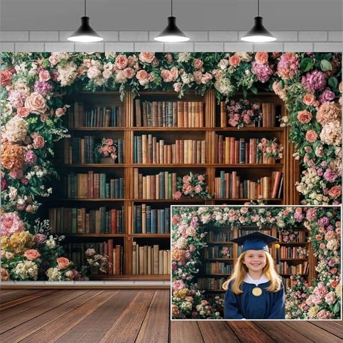 15X10FT Bookshelf Flower Photography Backdrop Vintage Bookcase Magic Books Ancient Library Wall Background Flower Girl Kids Birthday Party Decorations Kindergarten Graduation Banner Photo Booth Props by VeiVian