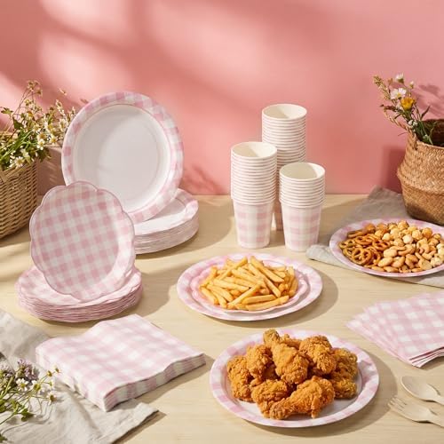 Funnymoom 250 Pcs Pink Gingham Paper Plates and Napkins Party Supplies - Image 6
