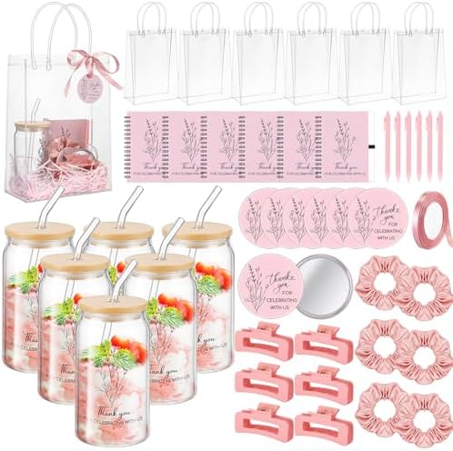 Zeyune 6 Sets Baby Shower Prizes for Wedding Bridal Shower Gifts Party Favors Including Glass Notebooks Ballpoint Pen Mirror Hairpins Hair Bands Gift Bag Thank You Cards(Pink,Classic) by Zeyune