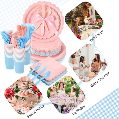 Ziliny 350 Pcs Pink Blue Plates and Napkins, 50 Guest Spring Party Supplies Include Scalloped Paper Plates Napkins Cups Plastic Spoons Forks Knives Disposable Tableware Set for Baby Shower - Image 3