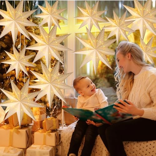 Youyole 12 Set Christmas Paper Star Lantern with Lights, 9 Pointed - Image 5