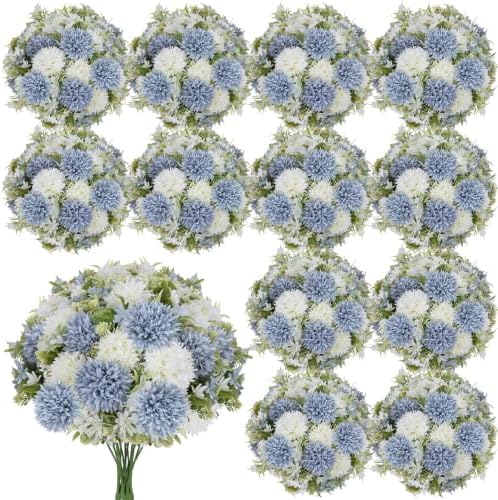 Dusty Blue White Artificial Flowers 12 Bundles Silk Floral with Stem by TOBILU