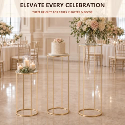 Cylinder Stands for Party, 3PCS Gold Metal Cylinder Pedestal Stands for Display, Heavy Duty Round Cake Stand Tables for Wedding, Birthday, Baby Shower, Dessert Table & Backdrop Decorations - Image 5
