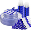 SUT 175 Pcs Blue and Clear Plastic Dinnerware Set for 25 Guests, Include: 25 Dinner Plates, 25 Dessert Plates, 25 Pre Rolled Napkins With Silverware, 25 Cups, Disposable Plates for Party, Wedding by SeeYouTomorrow