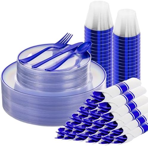SUT 175 Pcs Blue and Clear Plastic Dinnerware Set for 25 Guests, Include: 25 Dinner Plates, 25 Dessert Plates, 25 Pre Rolled Napkins With Silverware, 25 Cups, Disposable Plates for Party, Wedding by SeeYouTomorrow