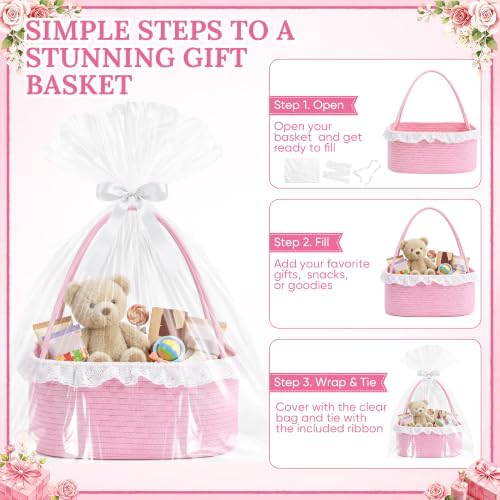 3PACK Pink Woven Gift Basket with Long Handles, Large Gift Basket Empty - Image 6