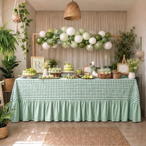 Moukeren 120"x60" Ruffled Tablecloth Table Cover, Sage Green, Gingham by Moukeren