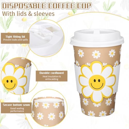 Whaline 50 Pcs Summer Daisy Disposable kraft Paper Cups with Lids and Sleeves 16 Oz Boho Groovy Smile Daisy Flower Coffee Cups for Summer Wedding Birthday Table Decor Party Supplies - Image 3