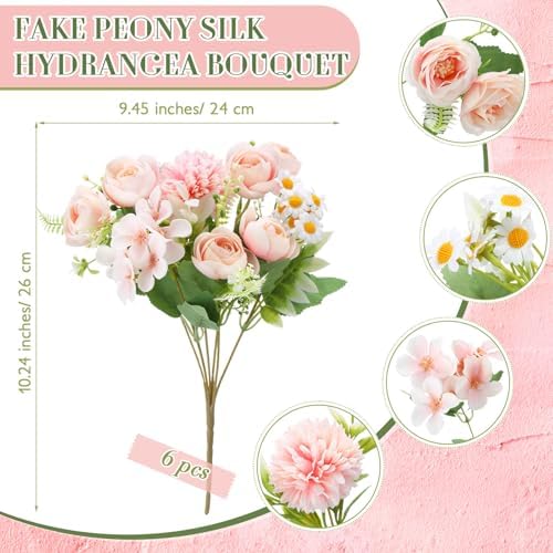 Tigeen 6 Bundles Artificial Flowers Bouquet for Wedding, White Pink - Image 2