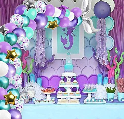 Kubert Mermaid Party Decorations/Under the Sea Party Teal Lavender Purple Tissue Paper Pom Pom Latex Balloons Fish Net with Shells and Mermaid Birthday Decor Baby Shower Decorations (White) - Image 7