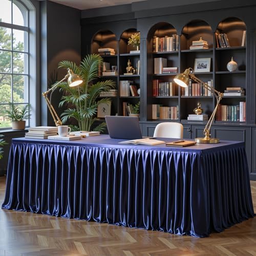 Navy Blue Satin Tablecloths Rectangle 8FT, Glitter Fitted Stretch Table Covers Wrinkle-Free Floor Length Shimmer Table Skirt for Weddings Parties Baby Shower Banquets Vendor Events by Partisky