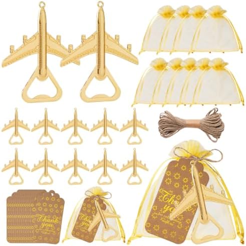 50 Pack Airplane Bottle Opener Favors, Metal Airplane Bottle Openers with Thank You Tags & Organza Bags, Travel Themed Party Favors, Destination Wedding Favors, Let the Adventure Begin Theme by VIDACONTIGO