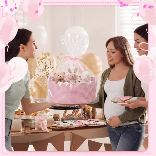 4 Pack Small Woven Baskets with Gift Bags, Ribbons, Wrap Tissue Papers Gift Baskets Empty to Fill for Baby Shower Wedding Christmas Day, Decorative Storage Cubes for Toys(Pink) - Image 6