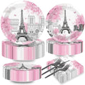 Naozinebi 200pcs Paris Eiffel Tower Plates Napkins Parisian Party Paris European City Tableware Set Landscape Pink Dinnerware Paper Tableware Bundle Baby Shower Decor Supplies Serve 50 by Naozinebi