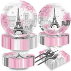 Naozinebi 200pcs Paris Eiffel Tower Plates Napkins Parisian Party Paris European City Tableware Set Landscape Pink Dinnerware Paper Tableware Bundle Baby Shower Decor Supplies Serve 50 by Naozinebi