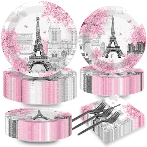 Naozinebi 200pcs Paris Eiffel Tower Plates Napkins Parisian Party Paris European City Tableware Set Landscape Pink Dinnerware Paper Tableware Bundle Baby Shower Decor Supplies Serve 50 by Naozinebi