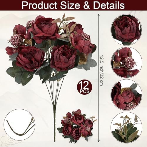 12 Bundles Silk Faux Peonies Bulk - Burgundy - Image 2