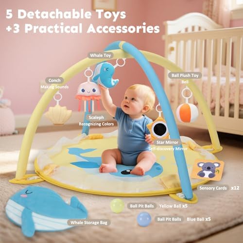 7-in-1 XL Large Baby Play Gym Mat, Tummy Time Mat, Baby Gym & Ball Pit, Baby Activity Mat with Milestone Cards & 6 Detachable Toys for Sensory Motor Skill, Whale - Image 3