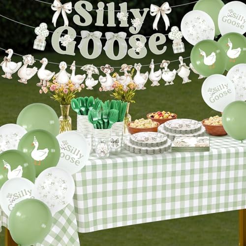 VioraWhite 183 Pcs Silly Goose Birthday Party Set Elegant Sage Green - Image 4
