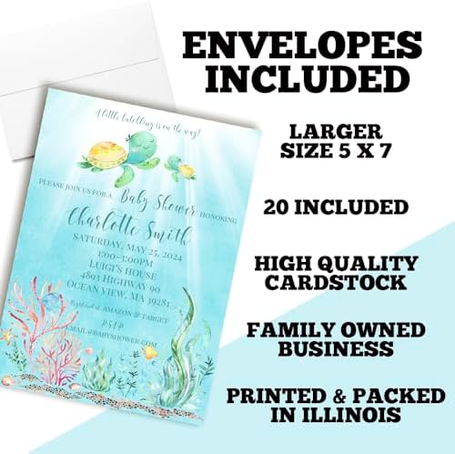 Amanda Creation Custom Baby Shower Invites Watercolor Turtle Baby Shower Invitations 20 5x7 Personalized Sea Turtle Watercolor Invites With Envelopes - Image 6
