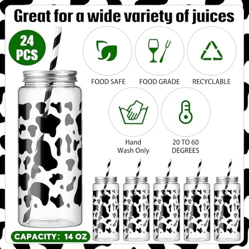 Chuangdi 24 Set 14 oz Cow Theme Plastic Bottle with Straws and Metal Lids 24 Plastic Milk Water Bottle 25 Paper Straws Tumbler Reusable Jar Containers for Cow Party Favor Baby Shower Birthday Supplies - Image 3