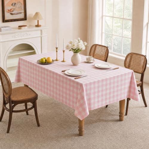 Gingham Tablecloth Rectangle Table, Cotton Linen Fabric Picnic Checkered Table Cloth Farmhouse Washable Wrinkle Free Buffalo Plaid Table Cover for Outdoor Birthday Party, Pink, 60x106 - Image 3