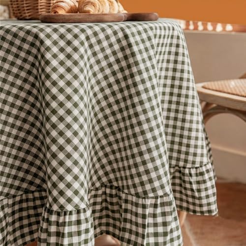 Dark Green Plaid Ruffled Tablecloth 70" Round Farmhouse Checkered Gingham Table Cloth for Seat 4-6 Vintage Buffalo Plaid Decorative Table Cover for Picnic Dining Outdoor Kitchen - Image 3
