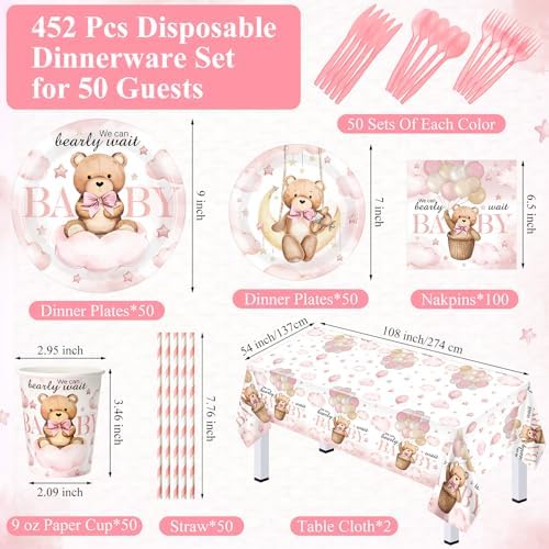 Funnymoom 452 Pcs Pink Bear Baby Girl Shower Party Supplies for 50 Guests - Image 2