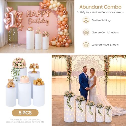 SHZICMY 5 Pcs White Cylinder Pedestal Stands for Wedding Decor, Round Acrylic Display Stand Set, Stackable Hollow Dessert Cake Stand for Birthday Party Baby Shower Celebration - Image 5