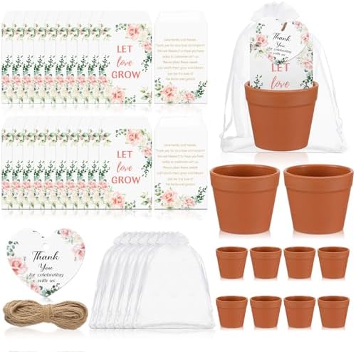 Ctosree 50 Sets Let Love Grow Wedding Favors for Guests Self Adhesive Seed Packets (Seed Not Include) Terracotta Flowerpot Thank You Tags and Organza Gift Bags for Bridal Shower Wedding Party Favors by Ctosree