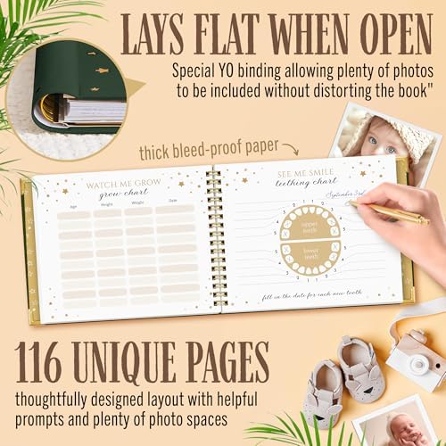 Book Keepsake, Baby Memory Book From Pre-Birth to 5th Year, with 2 Photo Pockets, Milestone Stickers, Hand/Footprint Inkpad, Baby Album and Baby Book for Girls or Boys (Dark Sage) - Image 4