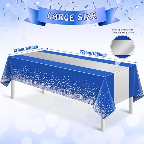 12Pcs Blue Silver Tablecloth Party Decorations,Plastic Royal Blue Table Cloth Printed Silver Table Runner Disposable Rectangle Tables Cover for Anniversary Wedding Graduation 2024 Party,54 x108 Inch - Image 3