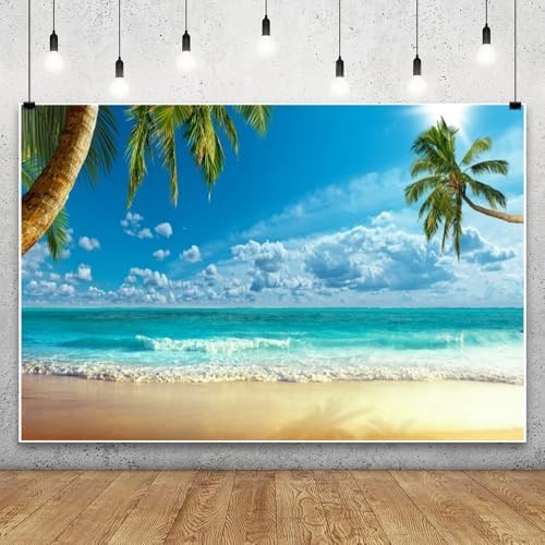 Laeacco Summer Seaside Beach Scenic Backdrop 15x10ft Tropical Beach Background Crooked Palms Blue Sky Clouds Surging Waves Scene Backdrop Wedding Photo Shoot Studio Birthday Luau Party Banner - Image 3