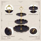 10 Pcs Cupcake Stand,Dessert Table Display Set with Gold Rim,3 x Three-Tier and 3 x Two-Tier Cake Stands,4 x Appetizer Serving Trays for Birthday, Wedding, Baby Shower,Tea Party (Black) - Image 3