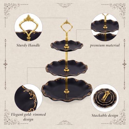 10 Pcs Cupcake Stand,Dessert Table Display Set with Gold Rim,3 x Three-Tier and 3 x Two-Tier Cake Stands,4 x Appetizer Serving Trays for Birthday, Wedding, Baby Shower,Tea Party (Black) - Image 3