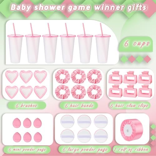 Teenyyou 6 Sets Baby Shower Game Gifts for Players Baby Shower Favors Tumbler Hair Comb Powder Puff Hair Claw Gift Bag Thanks Tags for Wedding Bridal Favors Party Guests - Image 5