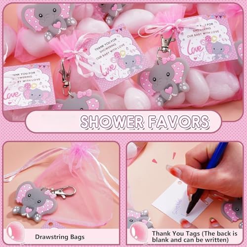 50 Sets Baptism Party Return Favors for Guests Pink Elephant Keychains Organza Bags and Thank You Kraft Tags for Elephant Theme Party Favors, Baptism Party Supplies - Image 2