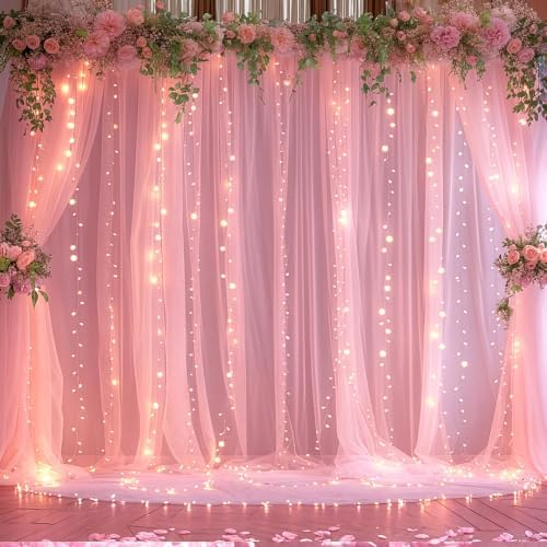 20ft x 12ft Pink Tulle Photo Backdrop Curtain with Lights String for Parties Wedding Sheer Baby Pink Curtain Backdrop for Baby Shower Girls Birthday Party Gender Reveal Photo Background Decorations by Suppromo