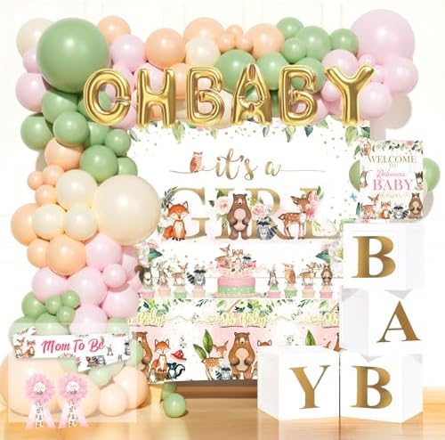 Hombae Woodland Baby Shower Decorations Girl, 128 PCs - Forest Animals Baby Shower Party Supplies with Its a Girl Backdrop, Balloon Garland, Boxes, Tablecloth, Cake Topper, Sash, Pins by Hombae