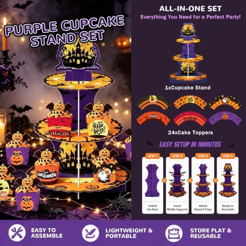 3 Tier Halloween Cupcake Stand with 12Pcs Cake Wrappers,12Pcs Cake Toppers - Image 2