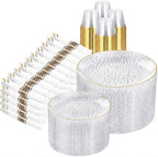 Rubtlamp 700Pcs Gold Plastic Dinnerware Set, Hammered Clear Gold Plates, Fancy Plastic Plates Include 100 Dinner Platos,100 Salad Platos,100 Cups,100 Pack Pre Rolled gold plastic Silverware by Rubtlamp