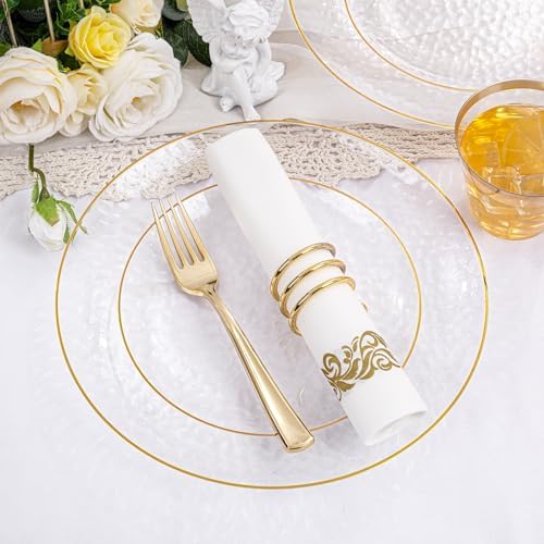 Rubtlamp 175 Pcs Plastic Dinnerware Set (25 Guests), Clear And Gold Plastic Plates, Hammered Party Plates Include Dinner Platos, Dessert Platos, Cups, Gold Cutlery Set And Napkins for Party - Image 3